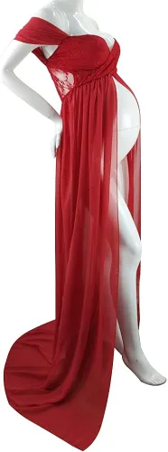 Vista 4 de Fuera del hombro de la colmena de la manga del cordón vestido de maternidad de la ducha del bebé maxi fotografía traje largo piso longitud vestido