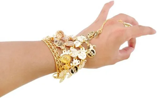 Vista 3 de Juego de joyas tribales para danza del vientre, collar y aretes y pulseras doradas
