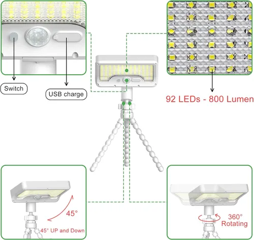 Vista 3 de Tryme 92 luces LED solares al aire libre impermeables con sensor de movimiento, soporte de pulpo, ángulo ajustable, lente difusora óptica, 3 modos
