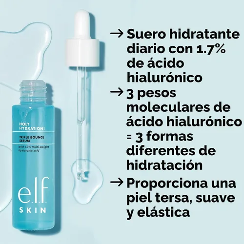 Vista 4 de e.l.f. SKIN Holy Hydration! Triple Bounce Serum, 1.7% suero de ácido hialurónico para piel regordeta y flexible, hidratante e hidratante, vegano