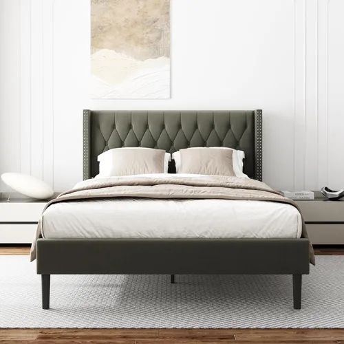 Vista 9 de HAOARA Base de cama tamaño Queen, plataforma tapizada con cabecera con respaldo de ala, botón de terciopelo, fácil montaje, no necesita somier, Beige