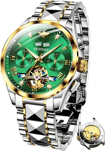 Vista 9 de OUPINKE - Reloj automático para hombre, diseño de esqueleto de diamante mecánico de cuerda automática, lujo, reloj de pulsera de cristal de zafiro