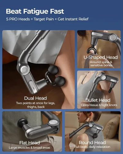 Vista 7 de Pistola de masaje plegable de tejido profundo, cabezal de doble bola, modelo JA-G7 Adjustable Head Angle, Extendable Handle, Handheld Percussion