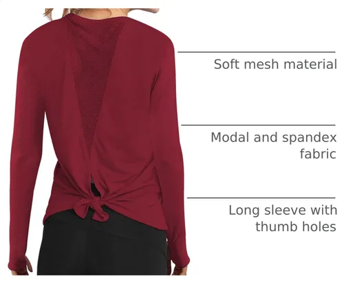 Vista 4 de Mippo Camisas de entrenamiento de manga larga para mujer, camisetas de yoga con espalda abierta, para correr, ropa atlética Rojo vino