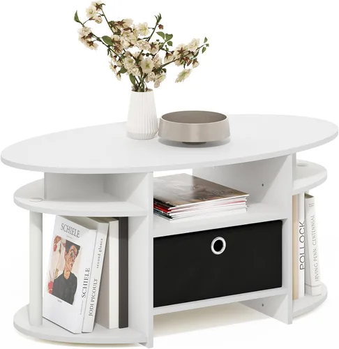 Vista 13 de Furinno Jaya Mesa de Centro Ovalada de Diseño Simple con Contenedor para Sala de Estar, Americano/Cromo/Negro