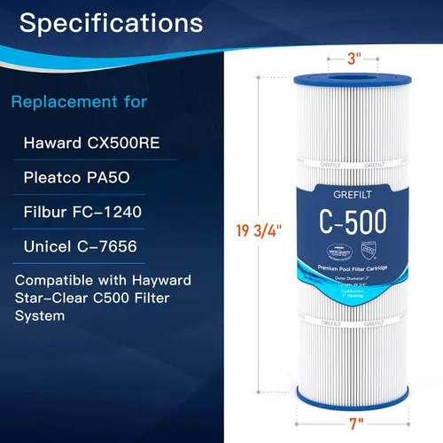 Vista 2 de Cartuchos de filtro de piscina C500, compatibles con Hayward C500, CX500-RE, Pleatco PA50-EC, Unicel C-7656, Filbur FC-1240, 50 pies cuadrados