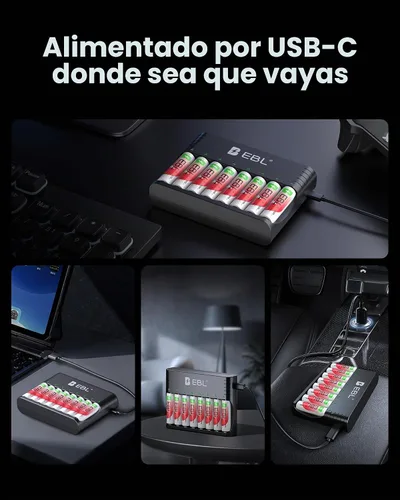 Vista 7 de EBL Cargador inteligente de 8 ranuras para AA/AAA, cargador rápido tipo C