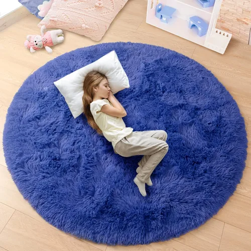 Vista 8 de junovo - Alfombra redonda y esponjosa para niños y niñas, de castillo de princesa, de felpa lanuda, para dormitorio, habitación de bebé, sala