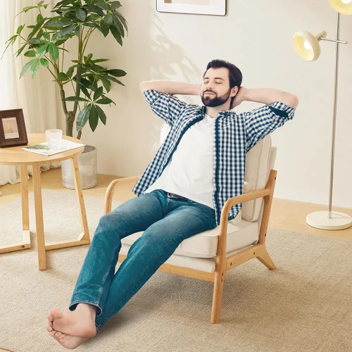 Vista 7 de Bonnlo - Silla de acento moderna de mediados de siglo con tela de lino beige, sillones de descanso con acolchado de madera maciza para sala