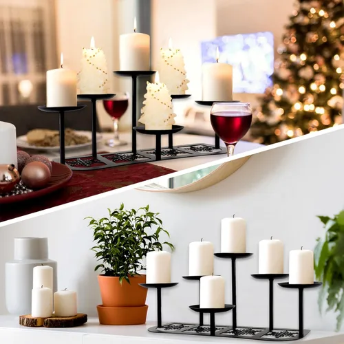 Vista 7 de Portavelas de chimenea de metal negro mate con 6 soportes de velas, decoración de manto para velas sin llama o de cera, mesa de piso, centro de 6