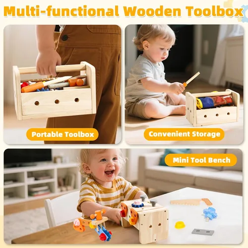 Vista 6 de TONZE Juego de herramientas para niños con delantal, caja de banco de herramientas de madera para niños pequeños, juguetes Montessori para niños