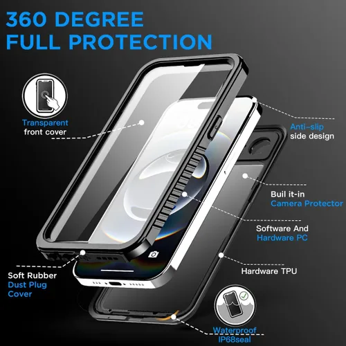 Vista 4 de AICase Funda impermeable para iPhone 17e, transparente, a prueba de agua, a prueba de golpes, a prueba de polvo, a prueba de nieve, cuerpo completo