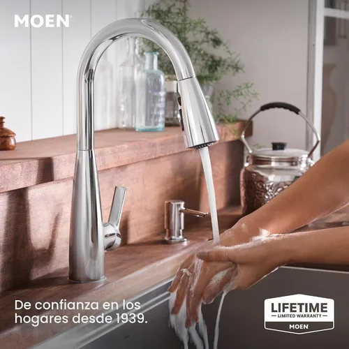Vista 2 de Moen Haelyn - Grifo de cocina monocontrol con rociador extraíble cromado con potencia para una limpieza más rápida, dispensador de jabón incluido