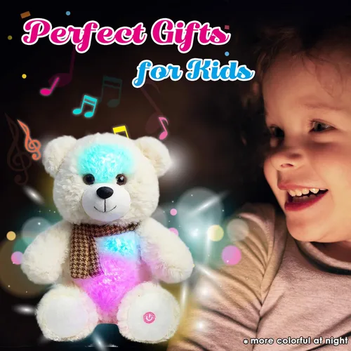 Vista 4 de Oso de peluche con luces LED brillantes, luz nocturna musical, juguete de peluche canta canciones de cuna, regalos de Navidad, para cumpleaños