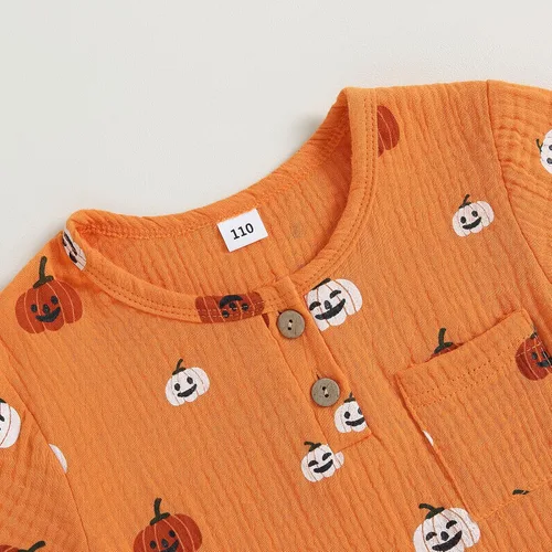 Vista 4 de Traje de Halloween para niño y niña, camisa de manga corta de calabaza, pantalones cortos, ropa de Halloween para niños y niñas