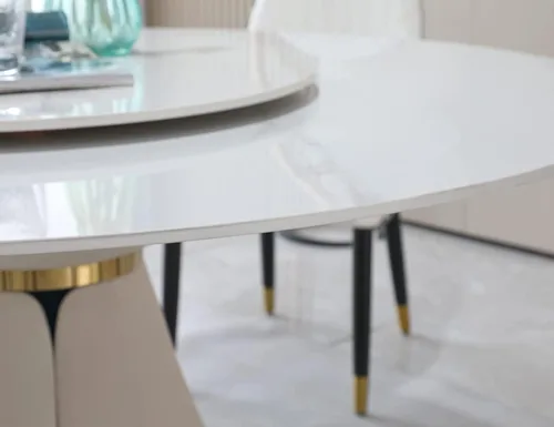 Vista 5 de Leavader Mesa de comedor redonda de 59 pulgadas, moderna mesa de mármol sintético con bandeja giratoria y base en forma de pétalo, mesa de comedor
