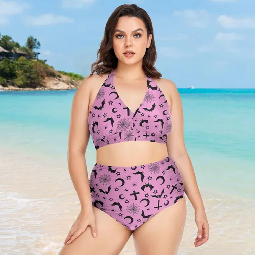 Vista 5 de Bikini de 2 piezas para mujer, talla grande, cintura alta, cuello halter, fruncido, control de abdomen Murciélagos Cruces Estrellas