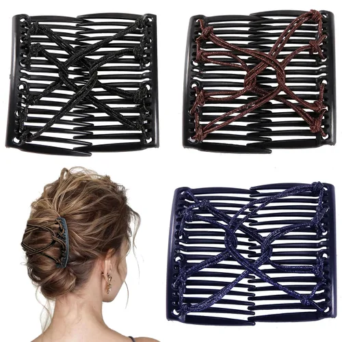 Vista 8 de 3 piezas de peine elástico mágico para el cabello, doble peine elástico, horquillas para mujeres, horquillas con cuentas, niñas, peinado vintage