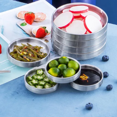 Vista 5 de Incauca Platos de salsa de soja de acero inoxidable de 3.5 pulgadas, mini cuencos de doble pared para chips y salsas, moldes de salsa, tazas