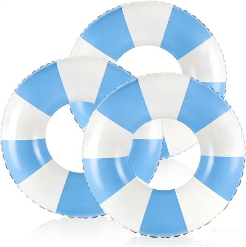 Vista 8 de Flotadores clásicos de piscina a rayas con asa, tubos inflables de rayas azules y blancas para anillos de natación grandes flotantes para adultos