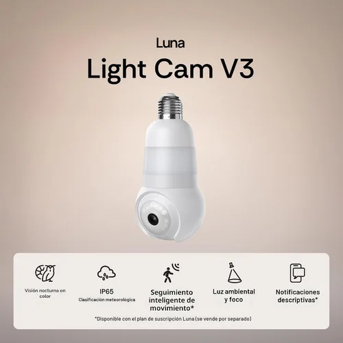 Vista 2 de Luna - Cámaras de seguridad inalámbricas para exteriores e interiores, inclinación panorámica de 360°, visión nocturna a color, bombilla LED y foco