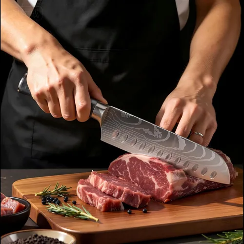 Vista 7 de Cuchillo Santoku de 7 pulgadas, diseño bonito, acero de alto carbono Negro