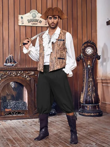 Vista 4 de Gafeng Pantalones piratas renacentistas medievales para hombre, disfraz colonial de caballero para Halloween, pantalones cortos con cordones LARP