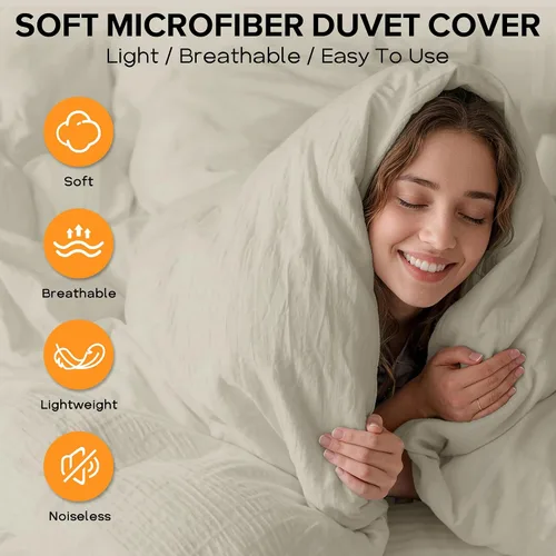 Vista 4 de Cozyide Beige Queen Duvet Cover Set, 3 Pieces Soft Seersucker Queen Size Duvet Cover with Zipper Closure and Corner Ties, 90"x90" Duvet Cover with 2