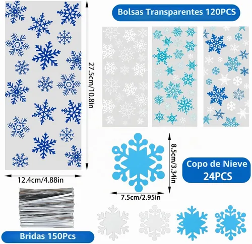 Vista 2 de Vellibring 120 piezas bolsas de celofán de Navidad, bolsas de copos de nieve de invierno, bolsas de plástico transparente para dulces y galletas