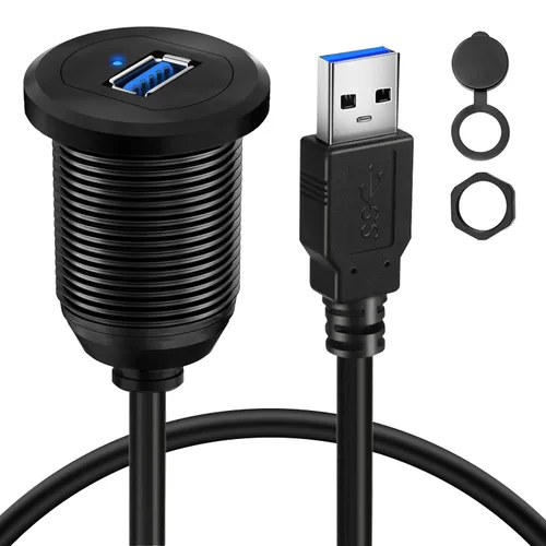 Vista 8 de Cable USB 3.0 de aleación de doble puerto para salpicadero de automóvil, macho a hembra, con indicador LED, cable de extensión para automóvil