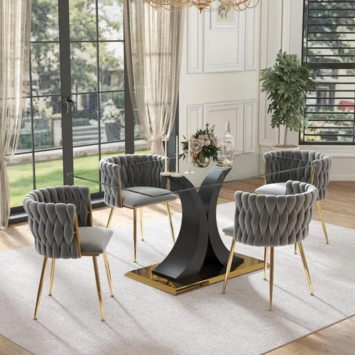 Vista 19 de Juego de comedor moderno de vidrio de lujo de 5 piezas, juego de cena rectangular minimalista grande para 4, juego de mesa de cocina de vidrio