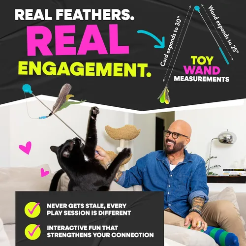 Vista 6 de Jackson Galaxy Gotcha! Juguete de varita para gatos, juguete retráctil para juegos atractivos, varita telescópica con plumas naturales para gatos