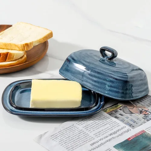 Vista 4 de HASENSE - Mantequillera con tapa, recipiente de mantequilla de porcelana con asa para encimera, gran mantequera y soporte con cubierta para Azul