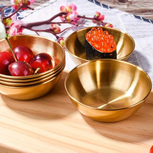 Vista 4 de Juego de 6 platos de salsa de soja de acero inoxidable, cuencos redondos dorados para sushi, albóndigas y olla caliente, platos de condimentos