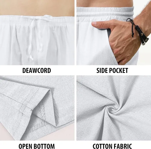 Vista 2 de MorwenVeo Pantalones de lino para hombre, casuales, con cordón, para yoga, playa, ligeros, holgados, cintura elástica, pantalones de verano