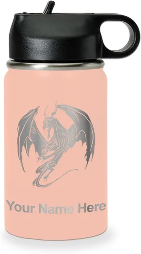 Vista 45 de LaserGram Botella de agua con tapa abatible de doble pared de 12 onzas con pajilla, dragón, grabado personalizado incluido (negro)