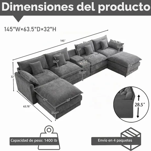 Vista 2 de Sofá modular de gran tamaño de 145 pulgadas, sofá de nube en forma de U, moderno juego de sofá de 6 asientos para sala de estar, cómodo asiento Gris