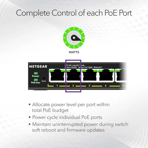 Vista 4 de NETGEAR Switch PoE Gigabit Ethernet Easy Smart Managed Essentials de 5 puertos (GS305EP) - con 4 x PoE+ @ 63W, para montaje en escritorio o en pared