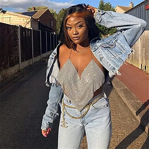 Vista 5 de Women Sexy Shiny Rhinestone Tank Top Deep V Neck Halter Metal Body Chain Crop Top Shirt for Night Club Party Rave Outfit