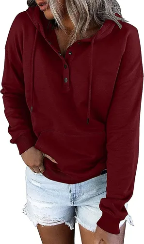 Vista 91 de Sudaderas con capucha para mujer, con cuello de botón, sin botones, con cordón, manga larga, lindas, ropa para adolescentes y niñas