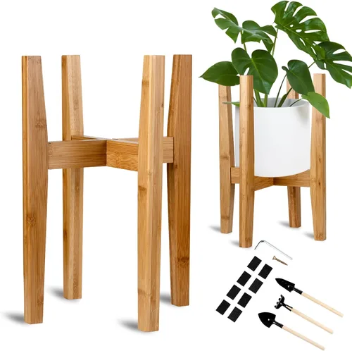 Vista 9 de Soporte ajustable de bambú para plantas de interior, estante moderno para flores con compatibilidad de maceta de 8 a 12 pulgadas, diseño de esquina