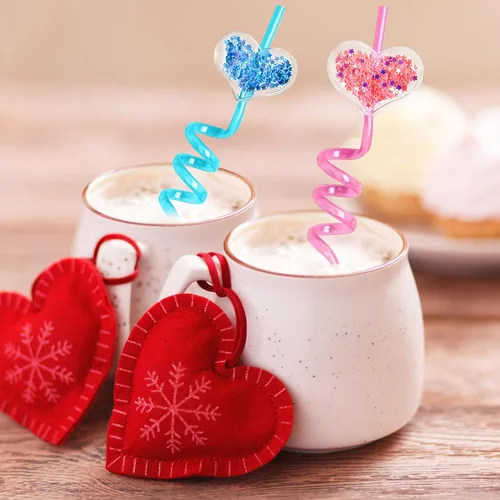 Vista 3 de 24 popotes de plástico con purpurina de 8 colores para el día de San Valentín, con 2 cepillos de limpieza