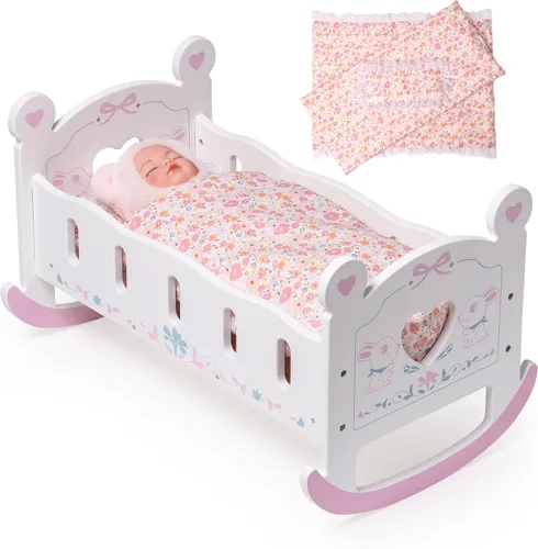 Vista 12 de ROBOTIME Cuna Mecedora de Madera para Muñecas, Juguetes de Cama para Muñecas de Niña, Cuna de Juguete para Muñecas de Bebé, Cuna para Muñecas de Azul