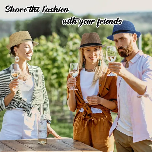 Vista 7 de Paquete de 8 sombreros de paja Panama Trilby Fedora con cinturón de cuero, sombreros de paja de ala corta, sombrero de playa de verano para hombres