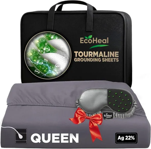 Vista 13 de Sábanas de turmalina de lujo, tamaño Queen, 20 % fibra plateada, 76 % algodón de turmalina, 4 % seda, sábana bajera ajustable con certificación
