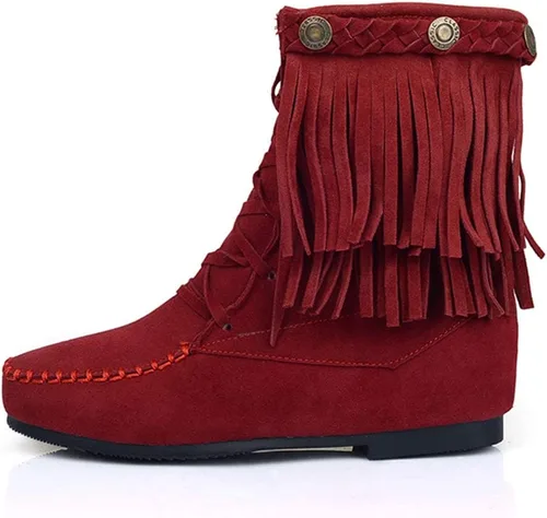 Vista 2 de Classic Fringe Moccasin Boots Ankle High Women Low Heel Booties