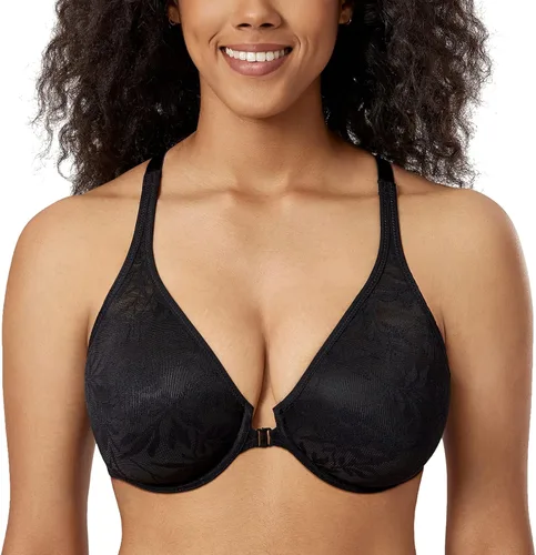 Vista 2 de DELIMIRA Women's Front Closure Bras Racerback Lace Plunge Plus Size Underwire Unlined Bra