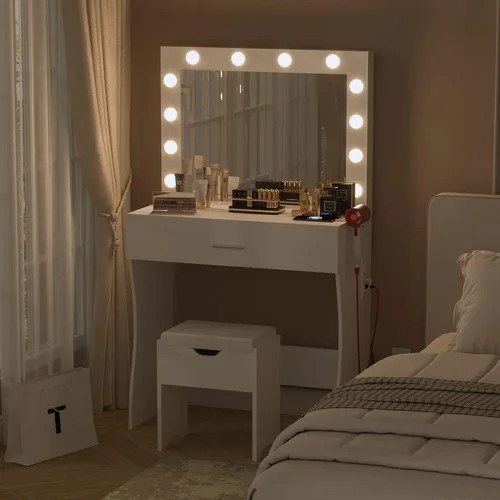 Vista 7 de Juego de mesa de tocador Titoni con espejo iluminado - Tocador de maquillaje con estación de carga, cajón grande, tocador de madera resistente