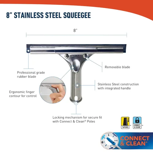 Vista 6 de Unger Escobilla profesional de limpieza de ventanas y vidrio de acero inoxidable de 8 pulgadas, suministros de limpieza, escobilla resistente