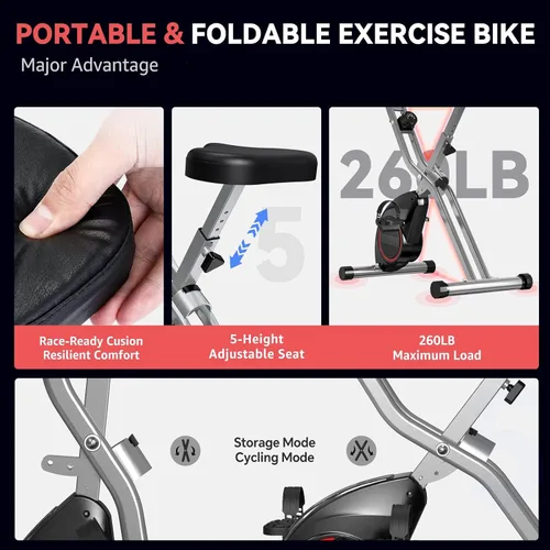 Vista 4 de Bicicleta estática de interior para el hogar con resistencia magnética de 16 niveles, bicicleta de ciclismo plegable ligera con 70% premontada